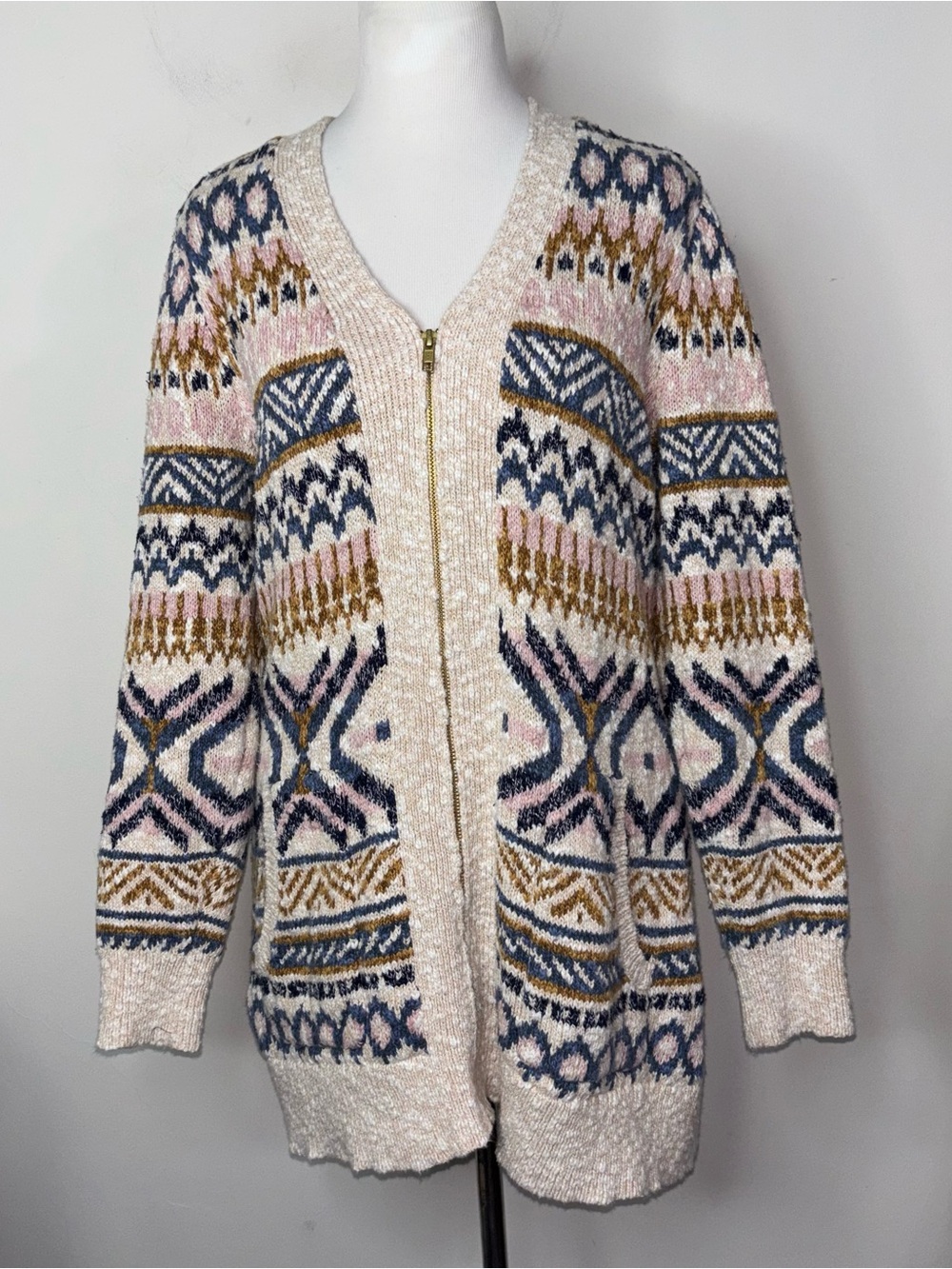 LL Bean Cotton Ragg Fair Isle Zipper Cardigan Sweater Women's M Southwestern